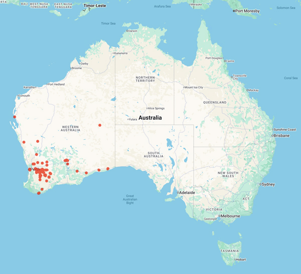 collecting locality map for 'Malcolm, C.V.'